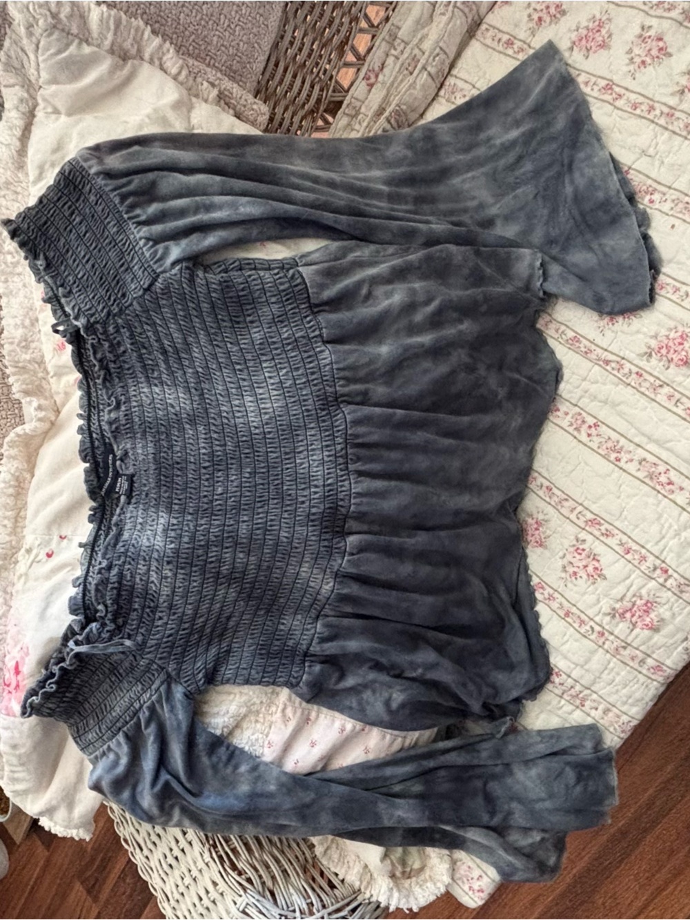 American Eagle Outfitters/Smocked Off-Shoulder Blouse in Slate Greyish- Blue